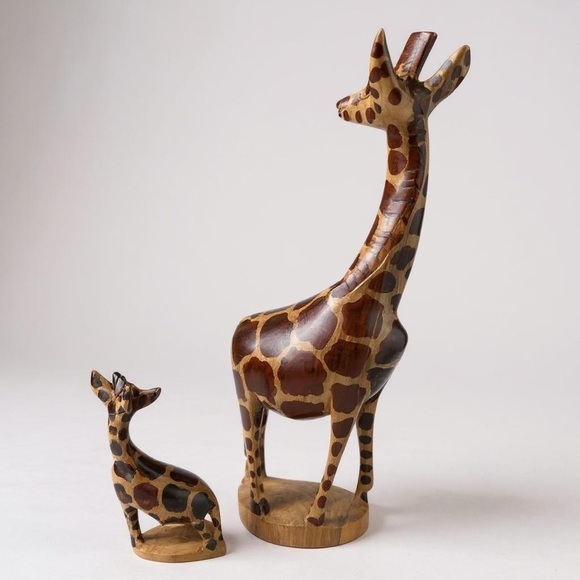 Hand-Carved Mahogany African Giraffe 12” & 6” Wood Figures - Picture 8 of 9